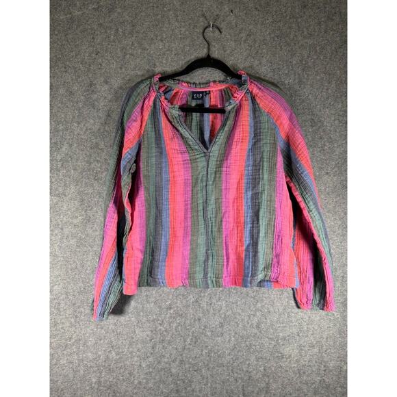 Gap Blouse Women XS Long Sleeve Gauze Striped V Neck Peasant Boho‎ Lightweight - Picture 1 of 6
